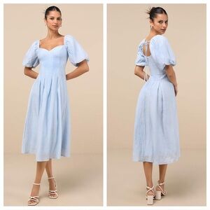 Lulus Heavenly Energy Blue Textured Puff Sleeve Pleated Midi
Dress